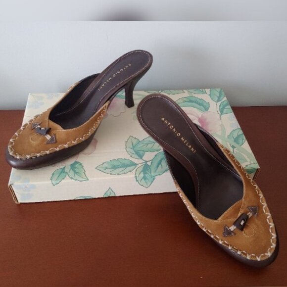 ANTONIO MELANI Brown & Tan Open Back Heels Size 9 - Picture 5 of 6